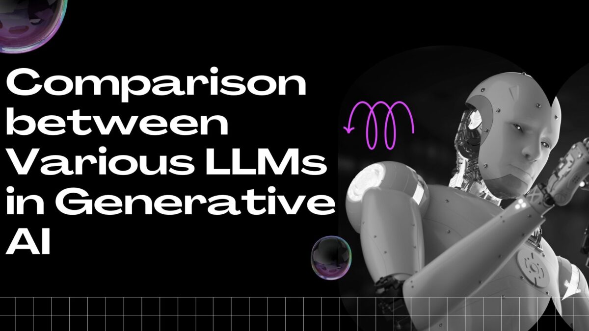 "Comparison between Various LLMs in Generative AI - A robotic figure with a futuristic design, accompanied by bold text on a black background