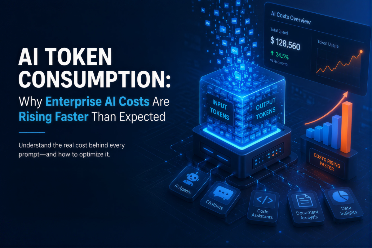 AI token consumption illustration showing enterprise AI systems, large language models, and rising AI infrastructure costs with cost optimization concepts.