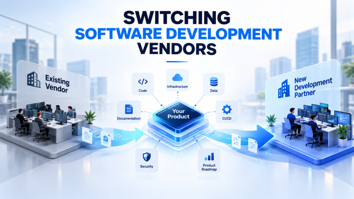 Switching software development vendors with a structured transition of code, data, infrastructure, and product ownership.